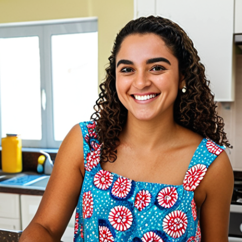 Home 27 **
"A vibrant Brazilian woman, fully clothed in a colorful, modest sundress, smiling brightly while making brigadeiros in a modern, well-lit kitchen. Safe for work, appropriate content, family-friendly, professional photography, perfect anatomy, natural proportions. Background includes typical Brazilian kitchen elements."
**