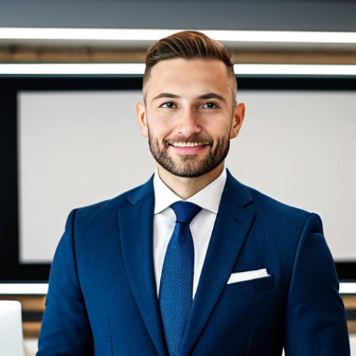 Home 25 **Prompt:** A confident entrepreneur in a fully clothed, tailored business suit, standing in a modern co-working space, appropriate attire, safe for work, perfect anatomy, natural proportions, professional corporate headshot, high quality.