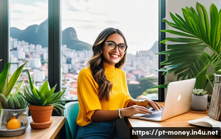 블로그로 돈 벌기 - A modern Brazilian blogger workspace featuring a young adult woman sitting at a stylish desk with a ...