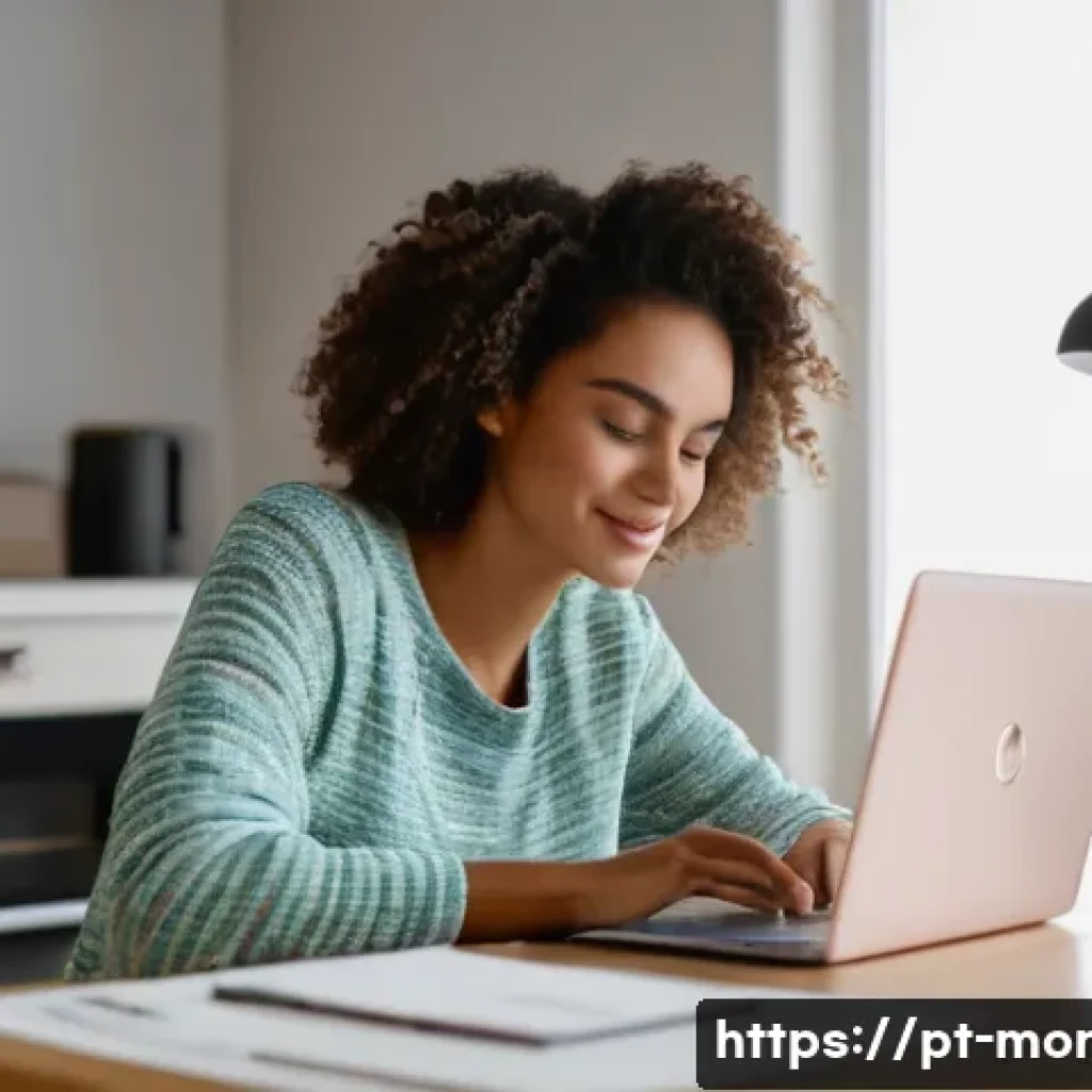 네이버 블로그 체험단 - A young Brazilian woman sitting at a cozy, well-lit home office desk, enthusiastically filling out a...