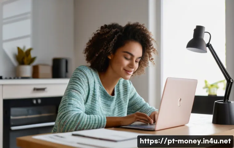 네이버 블로그 체험단 - A young Brazilian woman sitting at a cozy, well-lit home office desk, enthusiastically filling out a...