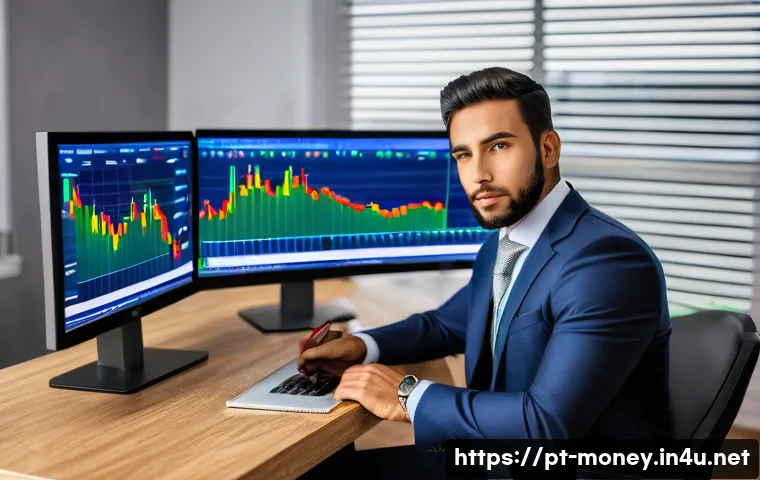 주식 단타 투자 - A Brazilian day trader in a modern home office setting, intensely focused on multiple computer scree...