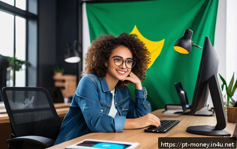 트위터 수익 모델 - A vibrant and modern Brazilian digital creator workspace, showing a young woman with medium skin ton...