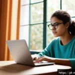 온라인 과외 플랫폼 - A young adult Brazilian woman studying on a laptop at home, sitting comfortably in her bedroom weari...