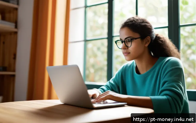 온라인 과외 플랫폼 - A young adult Brazilian woman studying on a laptop at home, sitting comfortably in her bedroom weari...
