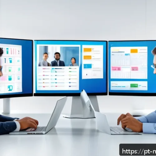 AI 자동화 업무 솔루션 - A modern office scene depicting a diverse team of professionals using intelligent automation tools o...