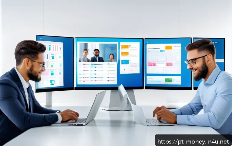 AI 자동화 업무 솔루션 - A modern office scene depicting a diverse team of professionals using intelligent automation tools o...