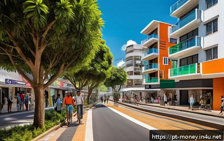수익형 부동산 투자 - A modern Brazilian urban neighborhood scene showcasing a diverse mix of residential apartments and c...
