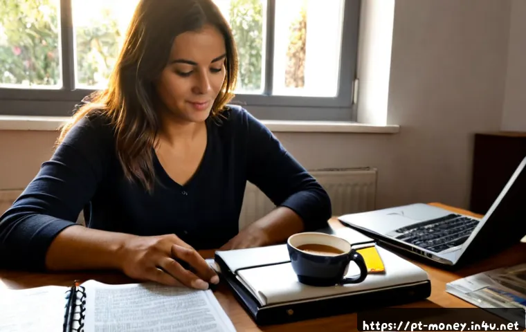 번역 아르바이트 - Photorealistic home-based translation freelancer in Portugal, a focused Portuguese woman in her 30s ...